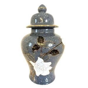 Pagoda Ginger Jar Japan Gray Speckled Black/White Gold Gilt 8.5”Tall
